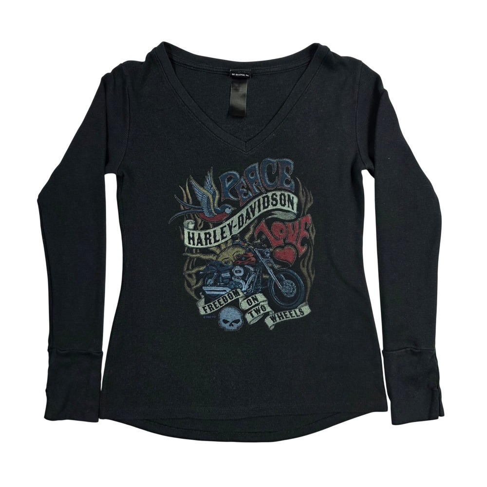 Harley-Davidson Womens Las Vegas Thermal V-Neck Long Sleeve Shirt Black Waffle L